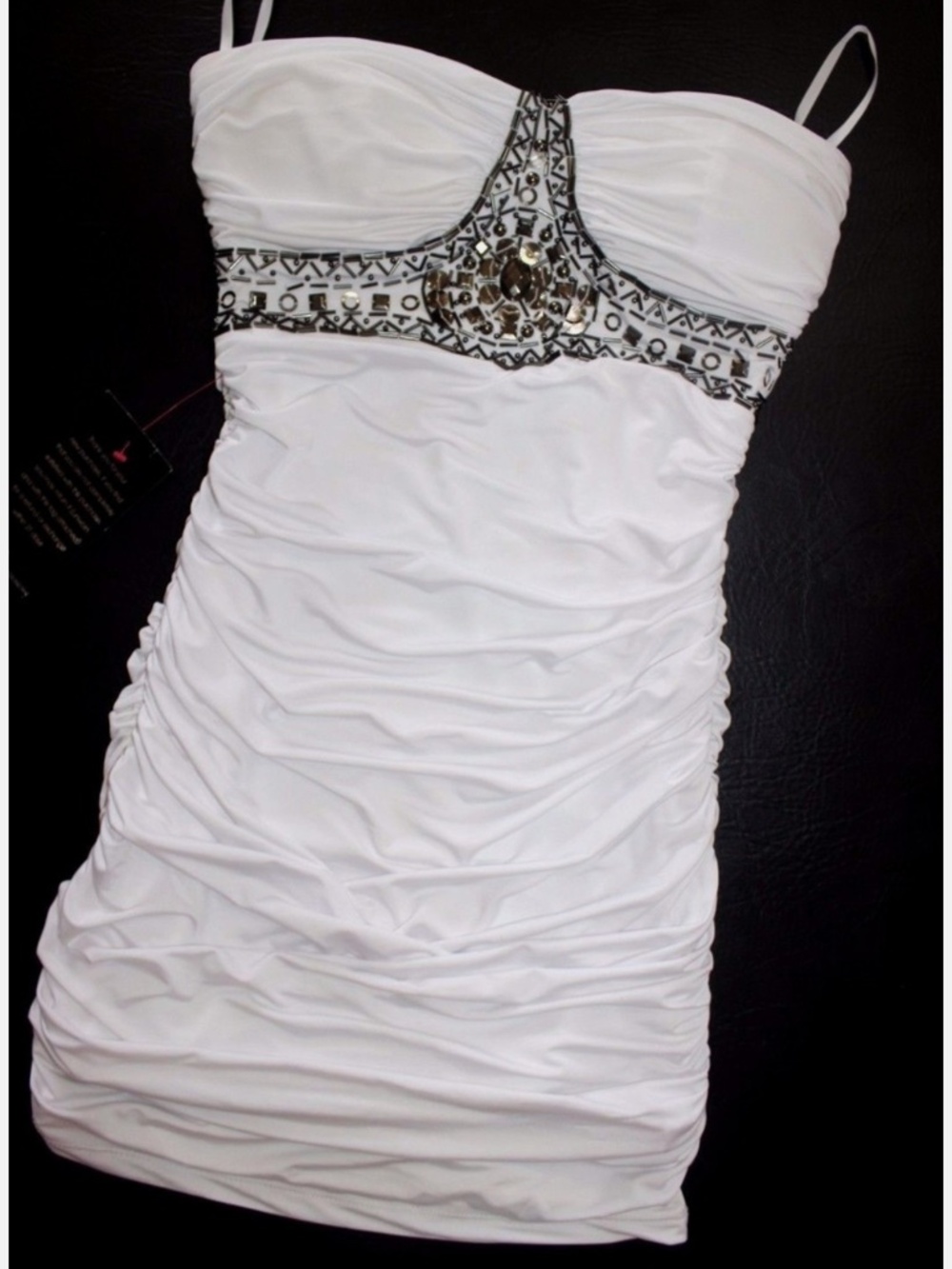 NWT Bebe White Embellished Ruched Strapless Mini Dress Size M